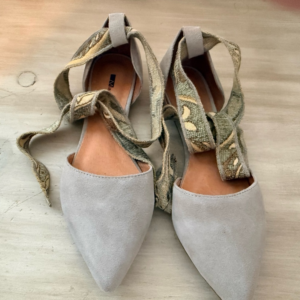 Anthropologie Suede Pointed-Toe Flats with Embroidered Ankle Wraps - Gray